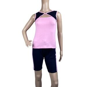 Venus Women Pink Black Colorblock 2 Piece Bundle Workout Short Top Set Size S